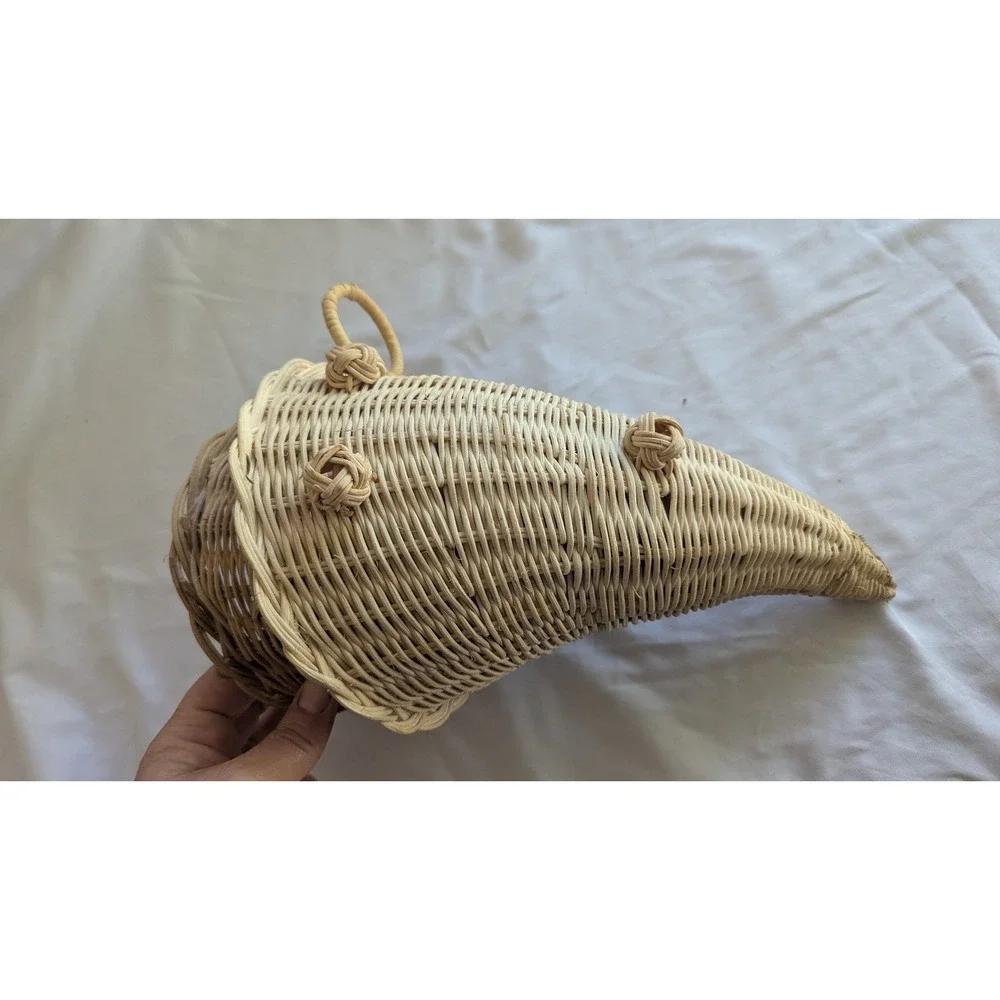 Vintage Woven Wicker Cornucopia Wall Hanging Baskets Set of 2 Natural Rattan